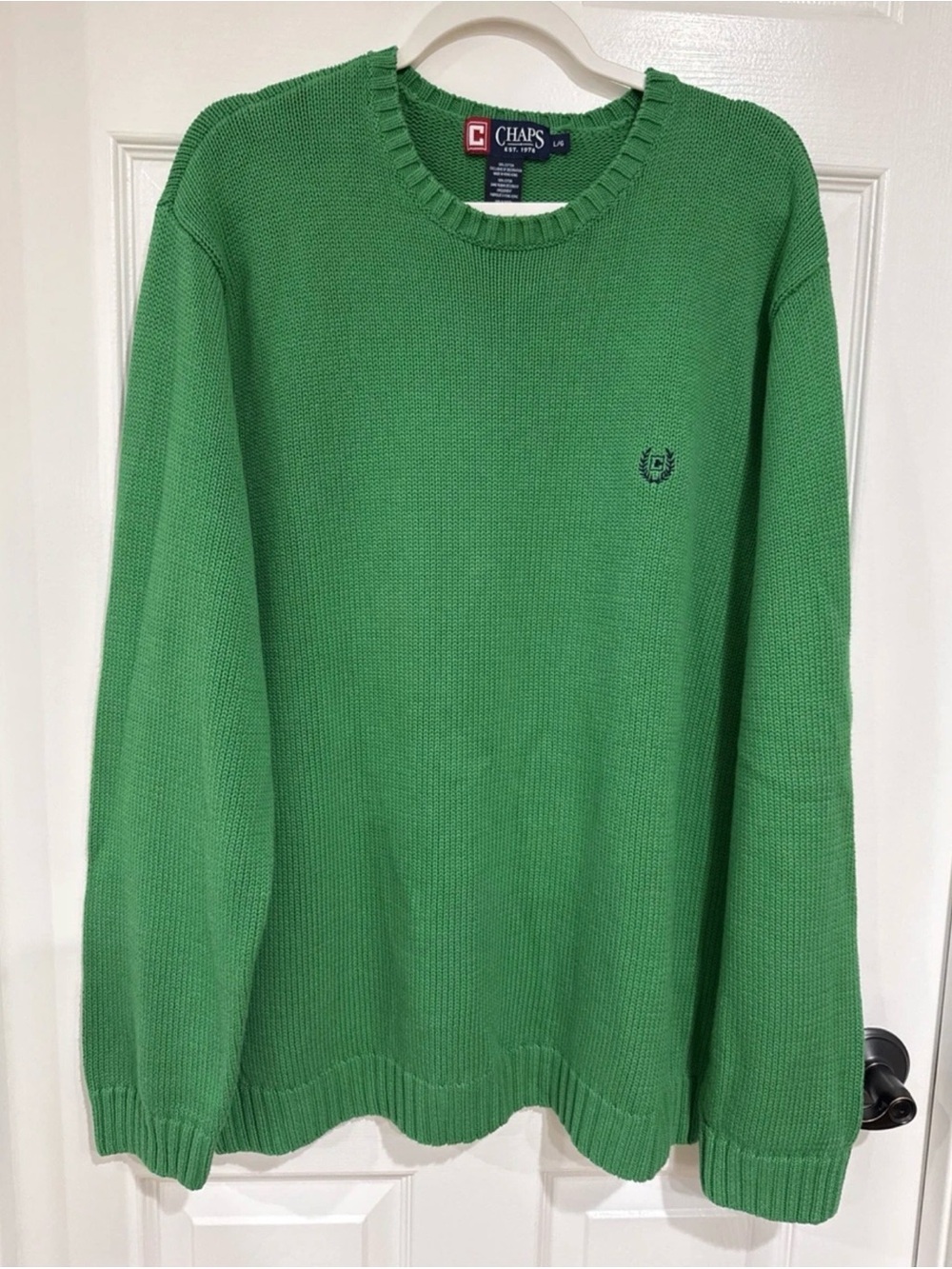 CHAPS Men's L Cotton Long Sleeve Pullover Chunky Knit Sweater Kelly Green Logo